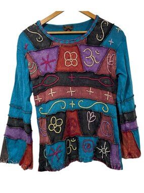 Rising International Multicolor Patchwork Embroidered Top Sz L Boho Hippie Y2K
